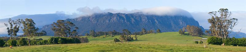 Mt Roland Pano 1w.jpg - Early morning light at Sheffield, Tasmania.